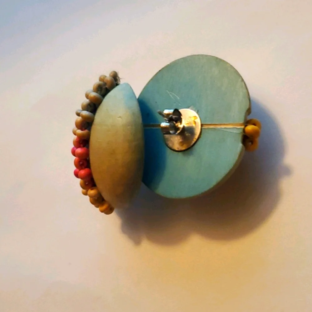 BIG OLIVE GREEN Wooden Round Stud  Pierced Earrings With Small Orange Beads